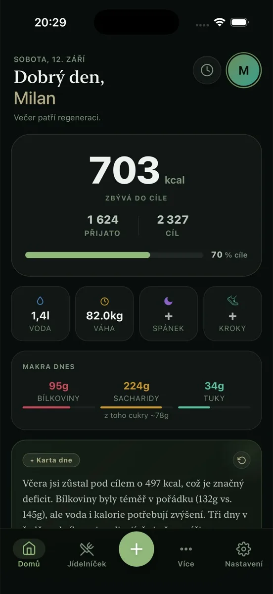 Denní přehled v aplikaci kCalori