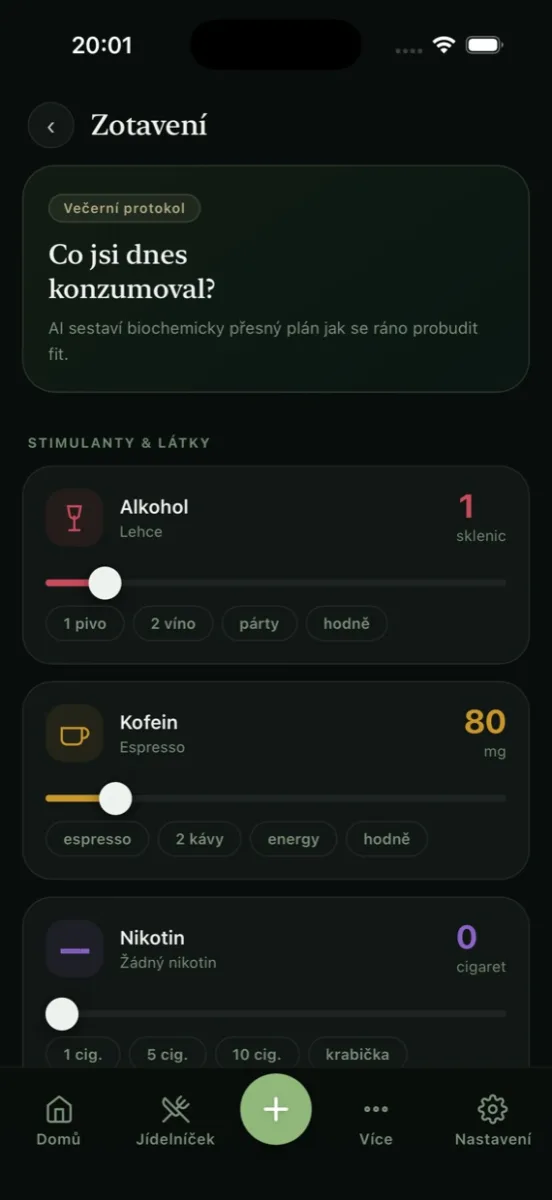 Večerní protokol zotavení v aplikaci