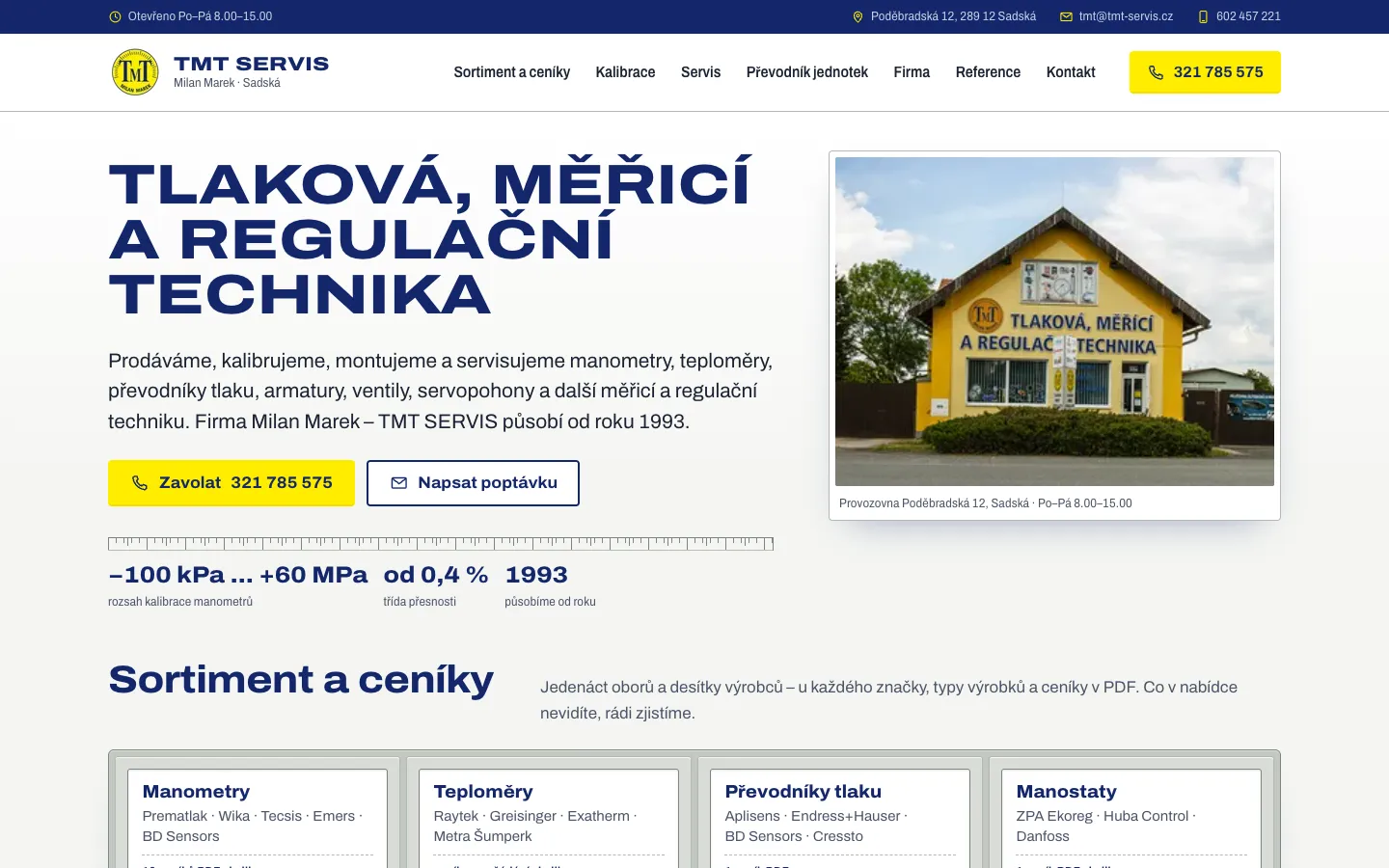 Úvodní stránka nového webu TMT SERVIS: tlaková, měřicí a regulační technika